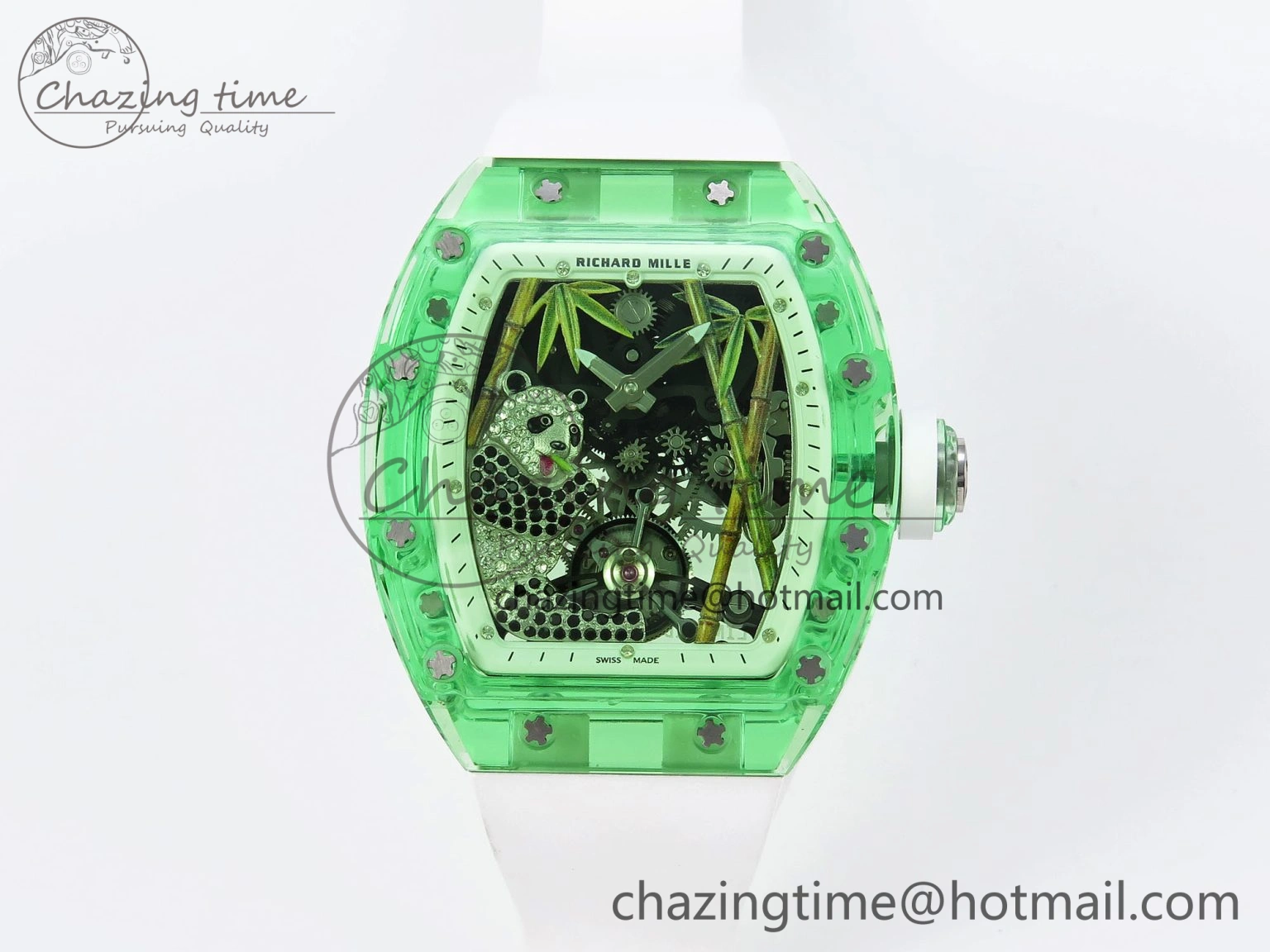 Chic RM026 Green Transparent Tourbillon RM Best Edition Panda Skeleton Dial on Rubber Strap 9333