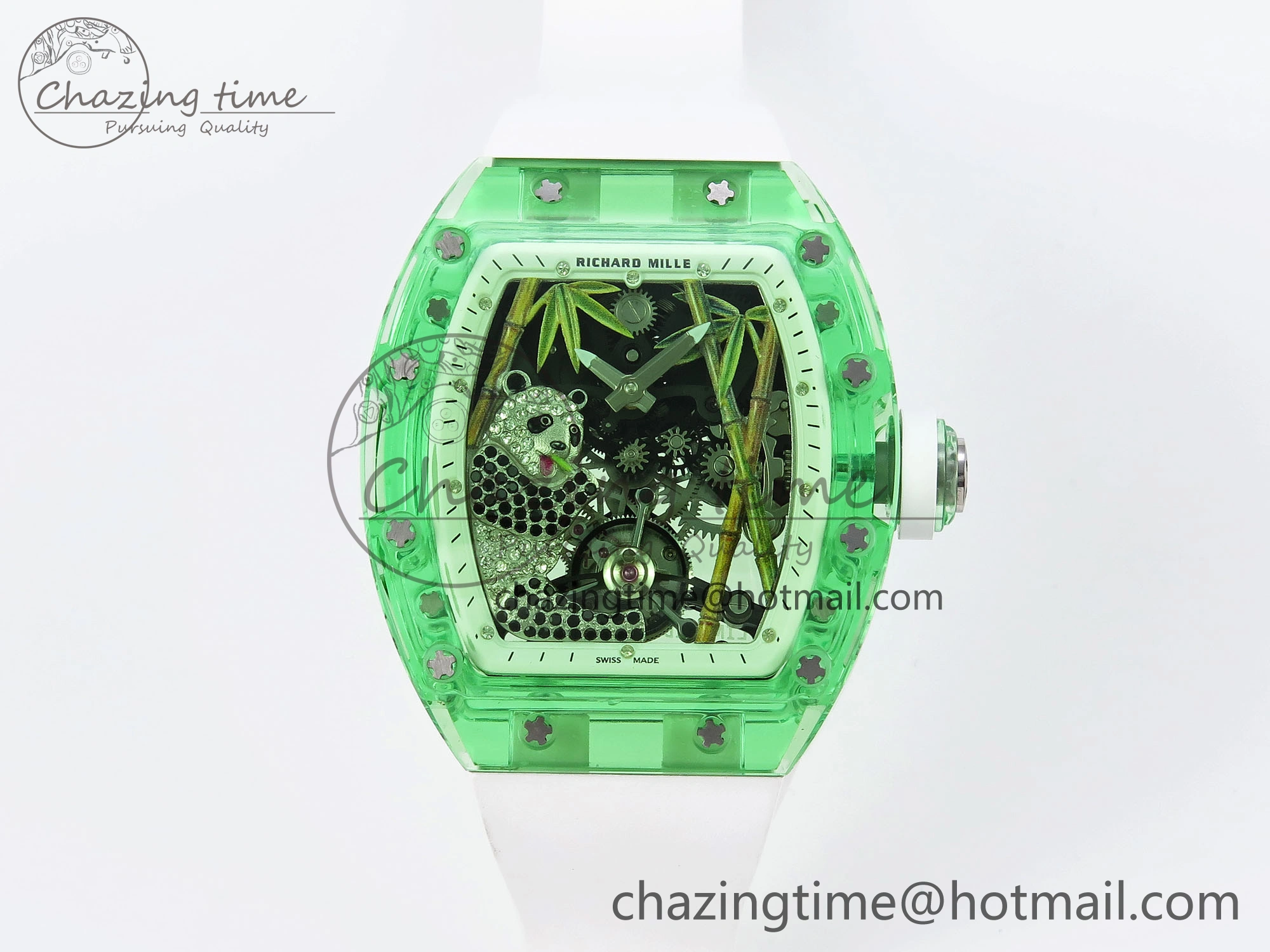 Chic RM026 Green Transparent Tourbillon RM Best Edition Panda Skeleton Dial on Rubber Strap 9333