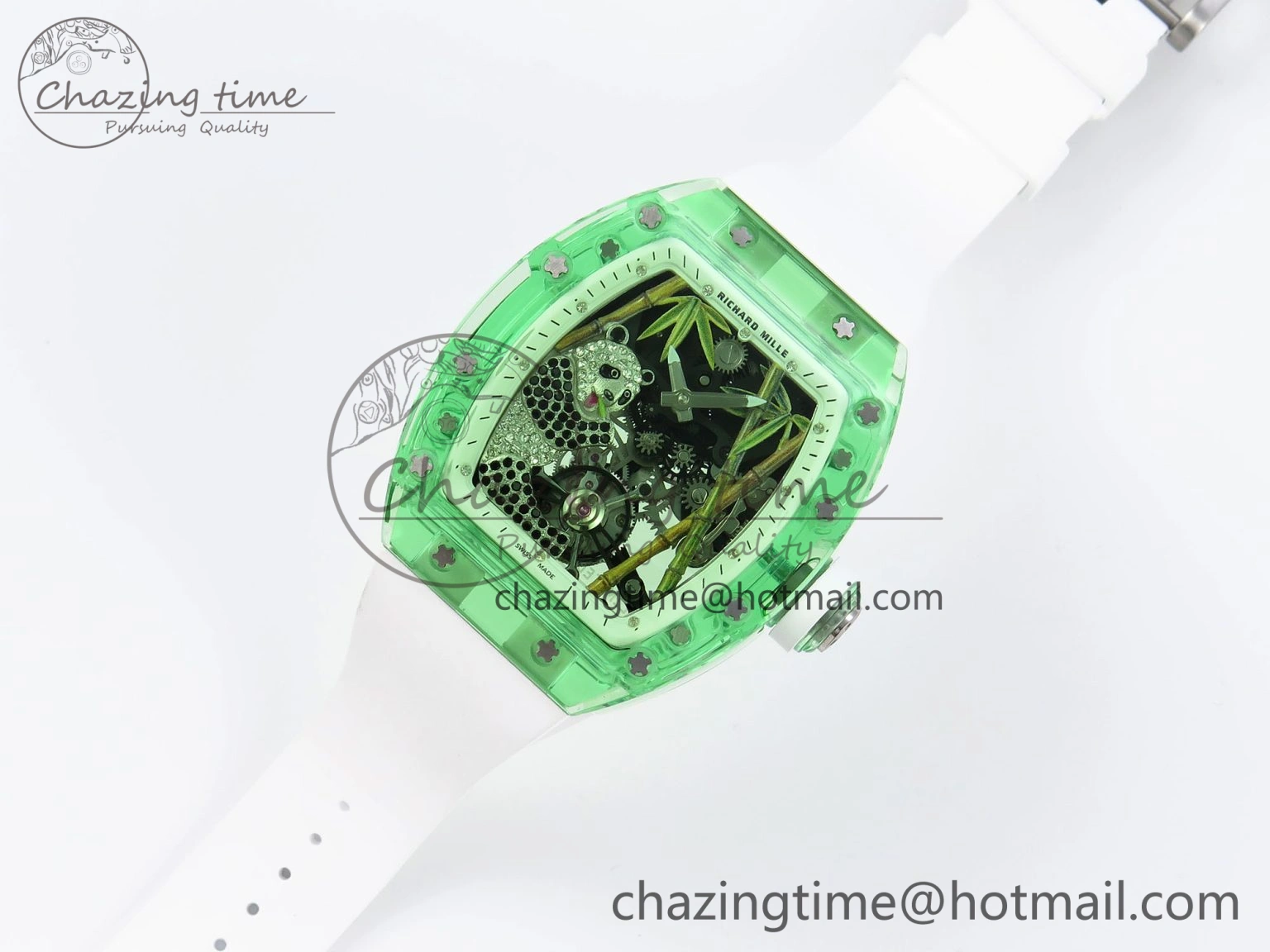 Chic RM026 Green Transparent Tourbillon RM Best Edition Panda Skeleton Dial on Rubber Strap 9333