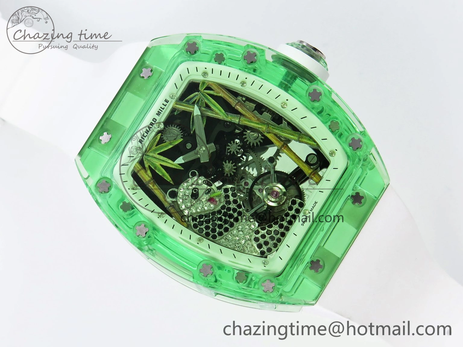 Chic RM026 Green Transparent Tourbillon RM Best Edition Panda Skeleton Dial on Rubber Strap 9333