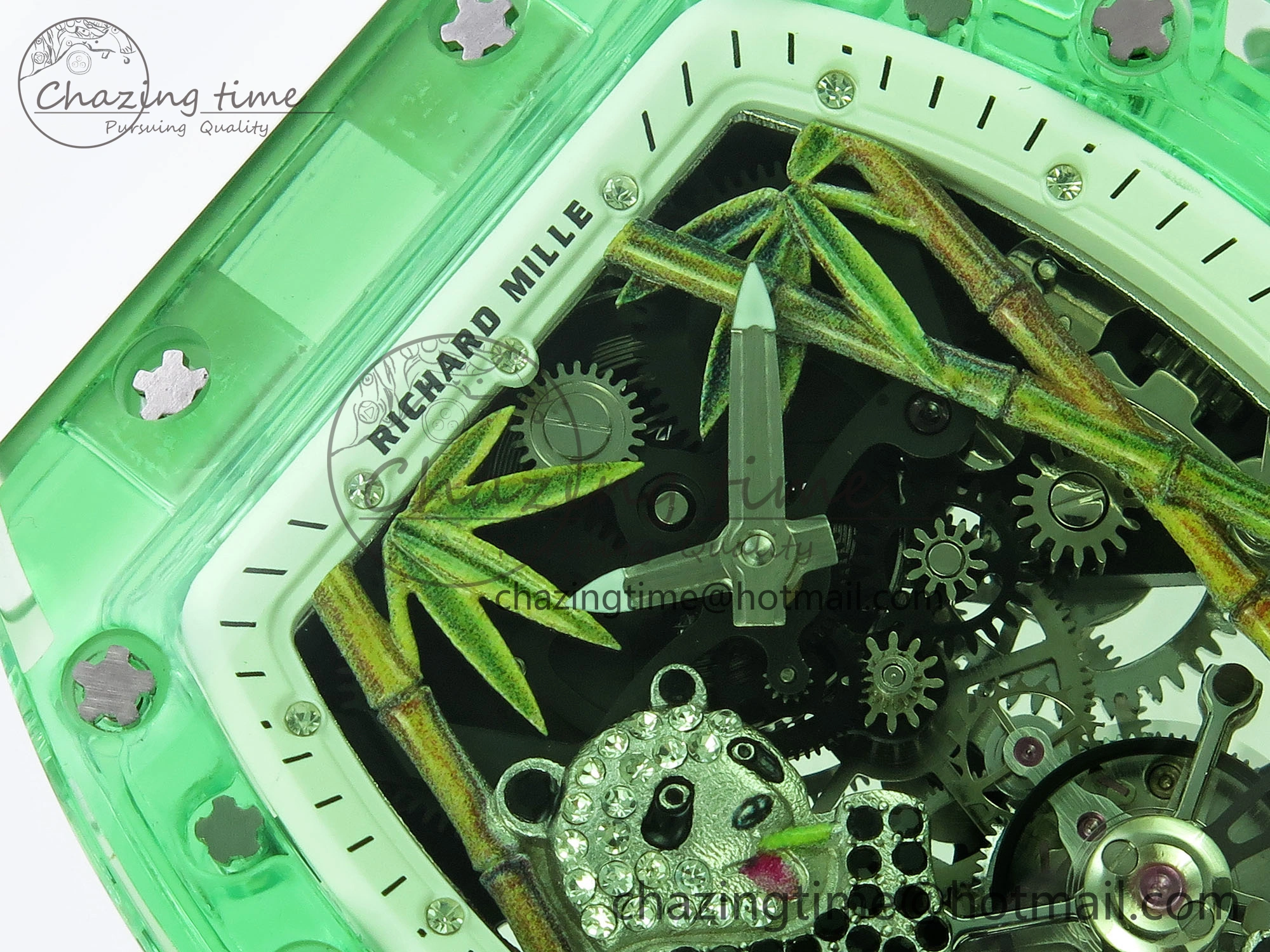 Chic RM026 Green Transparent Tourbillon RM Best Edition Panda Skeleton Dial on Rubber Strap 9333
