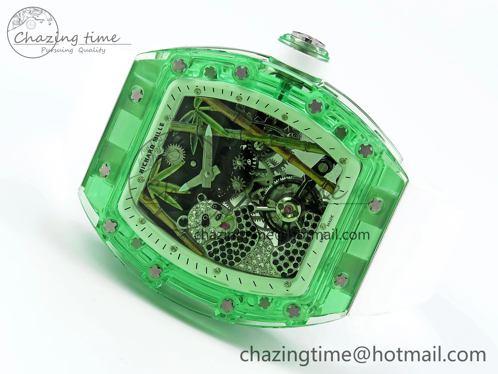 Chic RM026 Green Transparent Tourbillon RM Best Edition Panda Skeleton Dial on Rubber Strap 9333