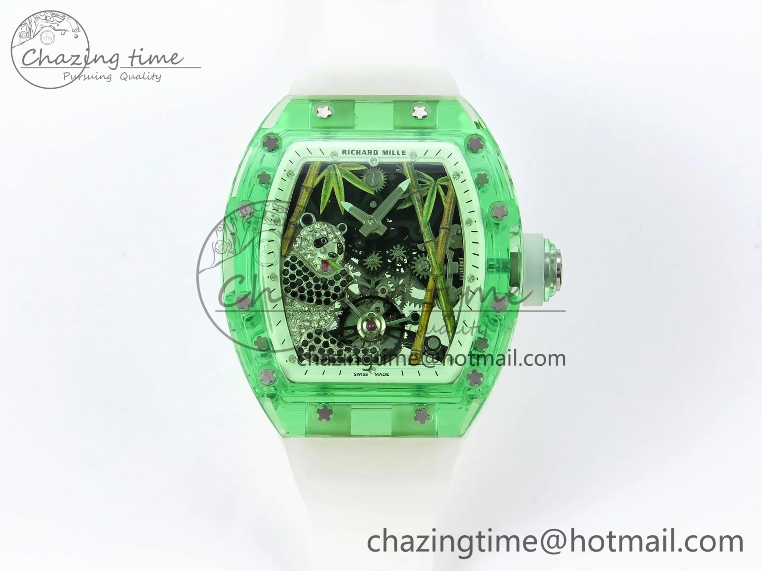 Breathable RM026 Green Transparent Tourbillon RM Best Edition Panda Skeleton Dial on Translucent Rubber Strap 9332