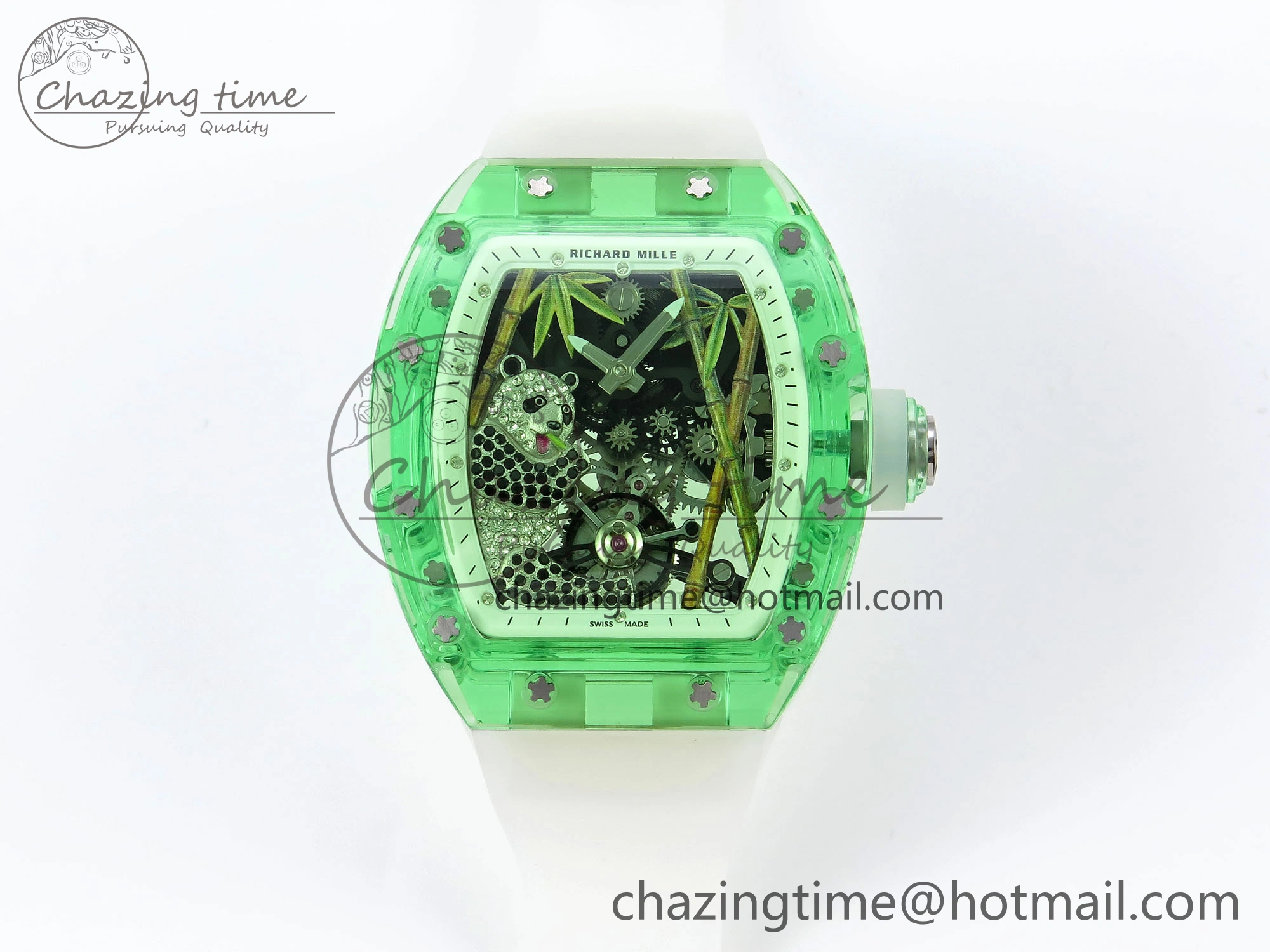 Breathable RM026 Green Transparent Tourbillon RM Best Edition Panda Skeleton Dial on Translucent Rubber Strap 9332