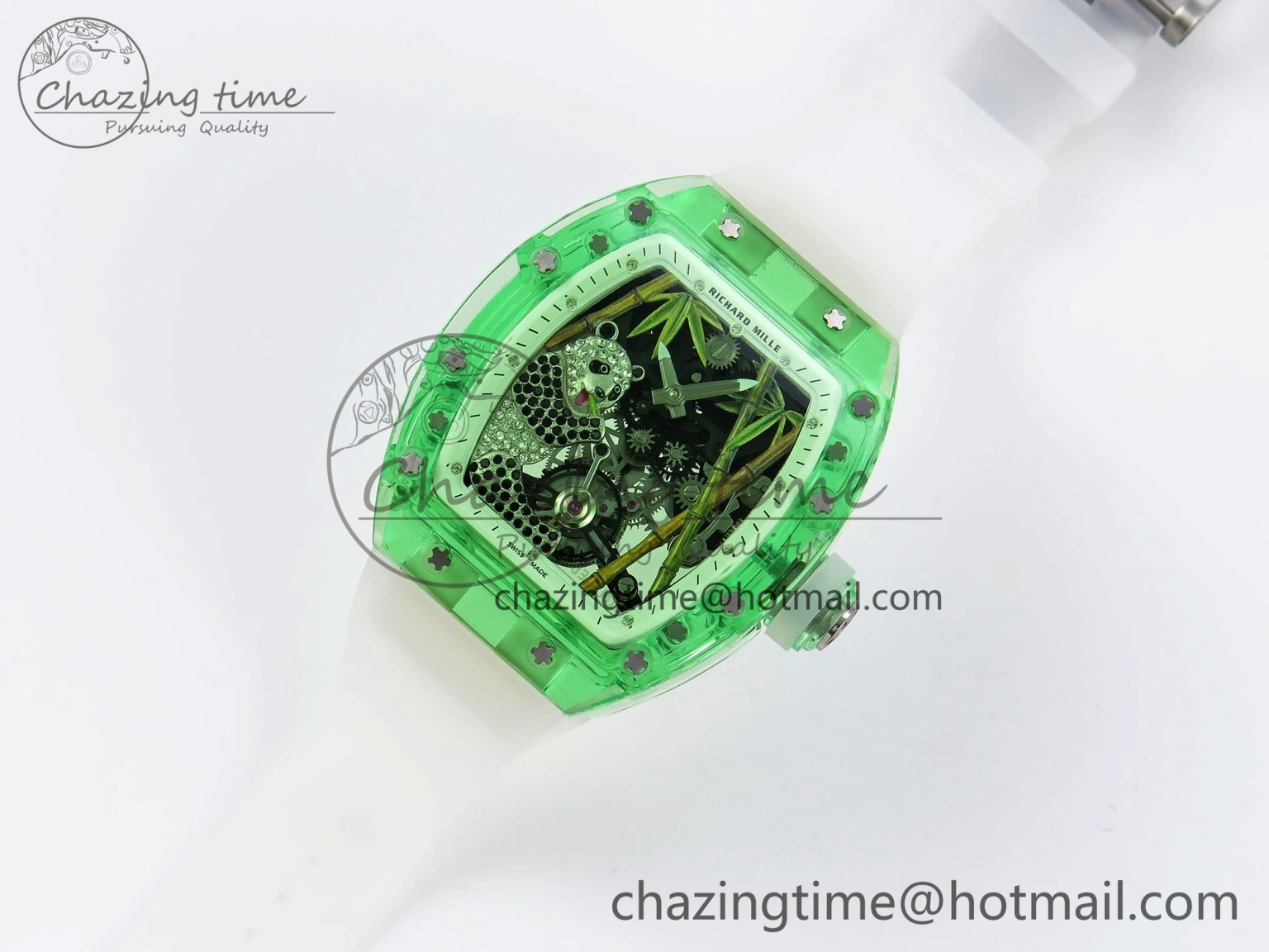 Breathable RM026 Green Transparent Tourbillon RM Best Edition Panda Skeleton Dial on Translucent Rubber Strap 9332