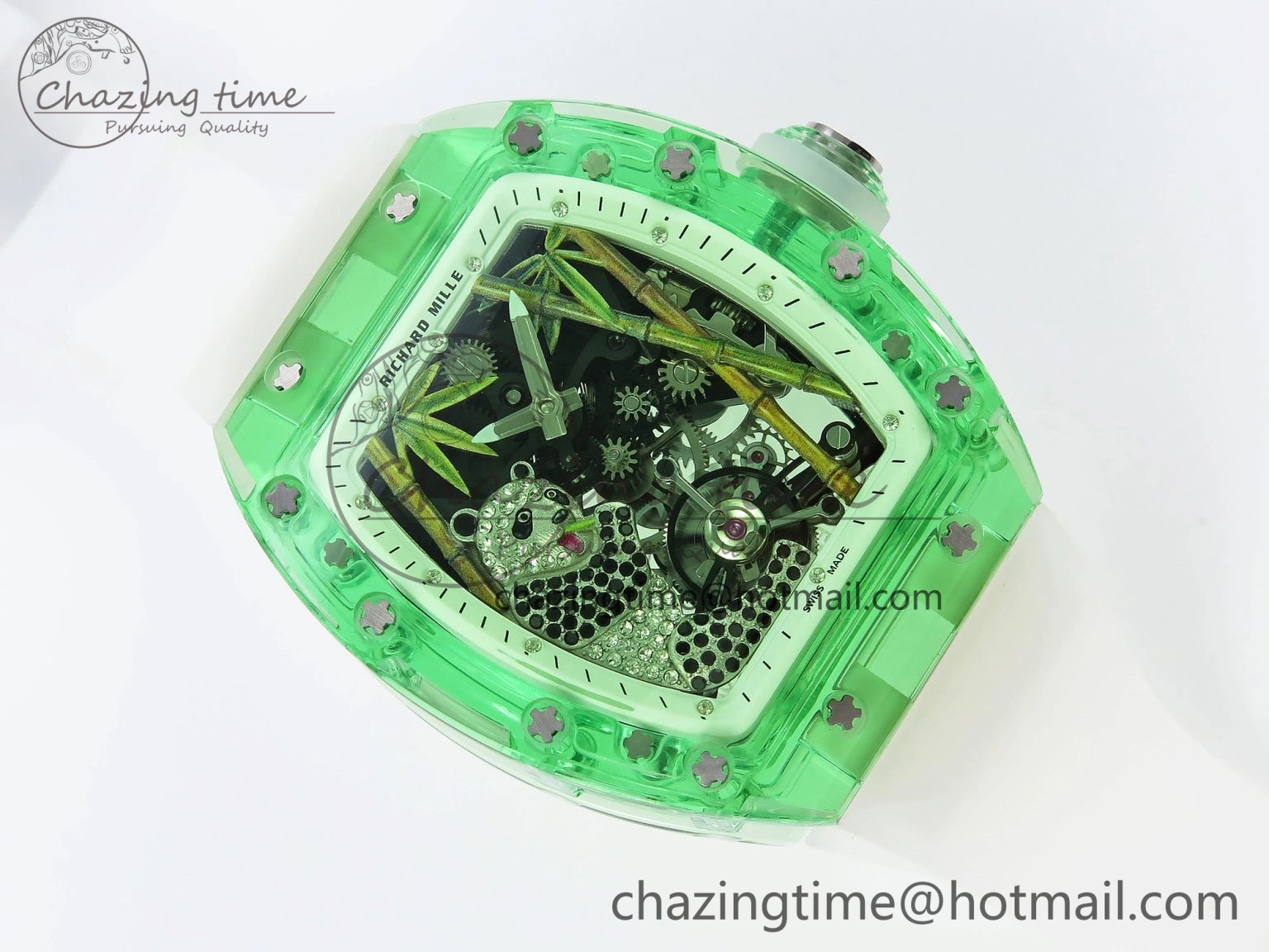 Breathable RM026 Green Transparent Tourbillon RM Best Edition Panda Skeleton Dial on Translucent Rubber Strap 9332