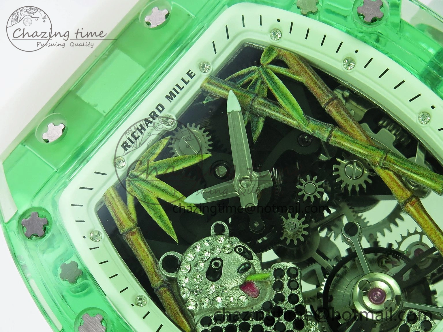 Breathable RM026 Green Transparent Tourbillon RM Best Edition Panda Skeleton Dial on Translucent Rubber Strap 9332