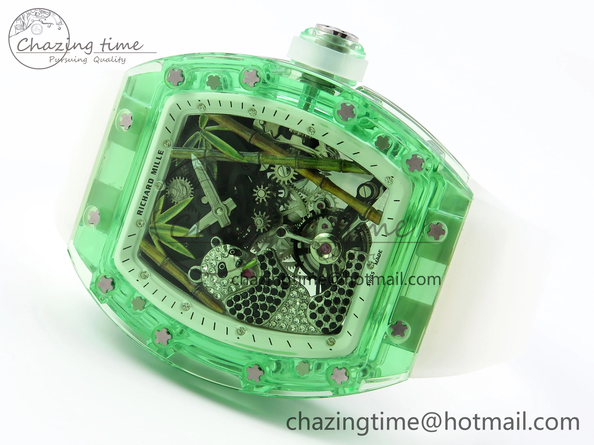 Breathable RM026 Green Transparent Tourbillon RM Best Edition Panda Skeleton Dial on Translucent Rubber Strap 9332