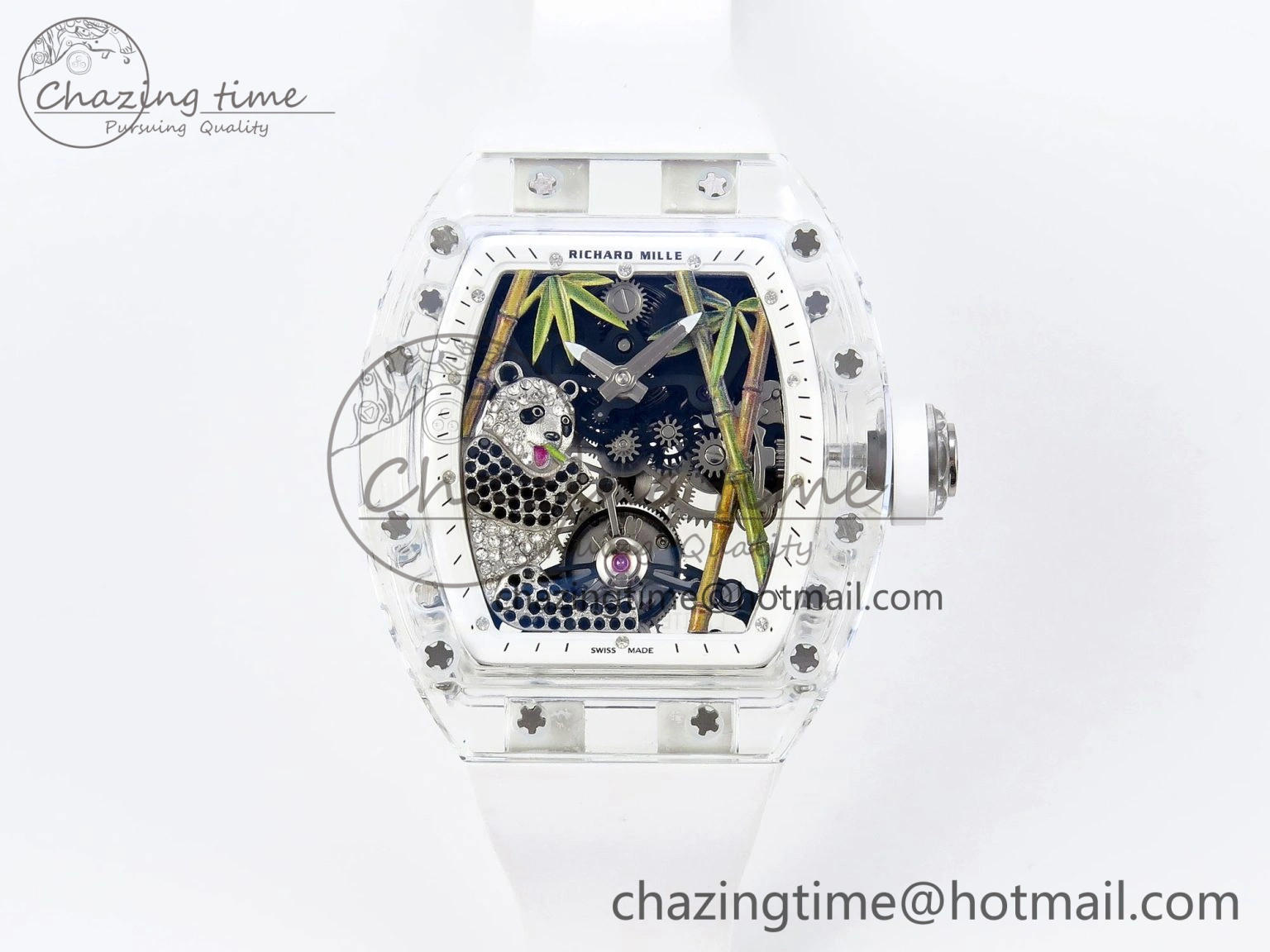 MoistureWicking RM026 Transparent Tourbillon RM Best Edition Panda Skeleton Dial on Rubber Strap 9334