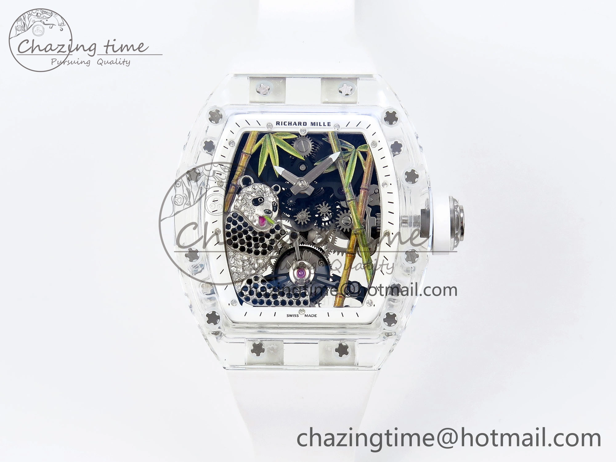MoistureWicking RM026 Transparent Tourbillon RM Best Edition Panda Skeleton Dial on Rubber Strap 9334