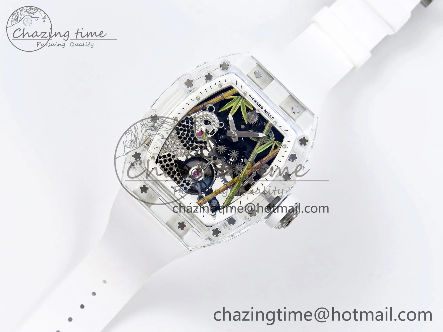 MoistureWicking RM026 Transparent Tourbillon RM Best Edition Panda Skeleton Dial on Rubber Strap 9334