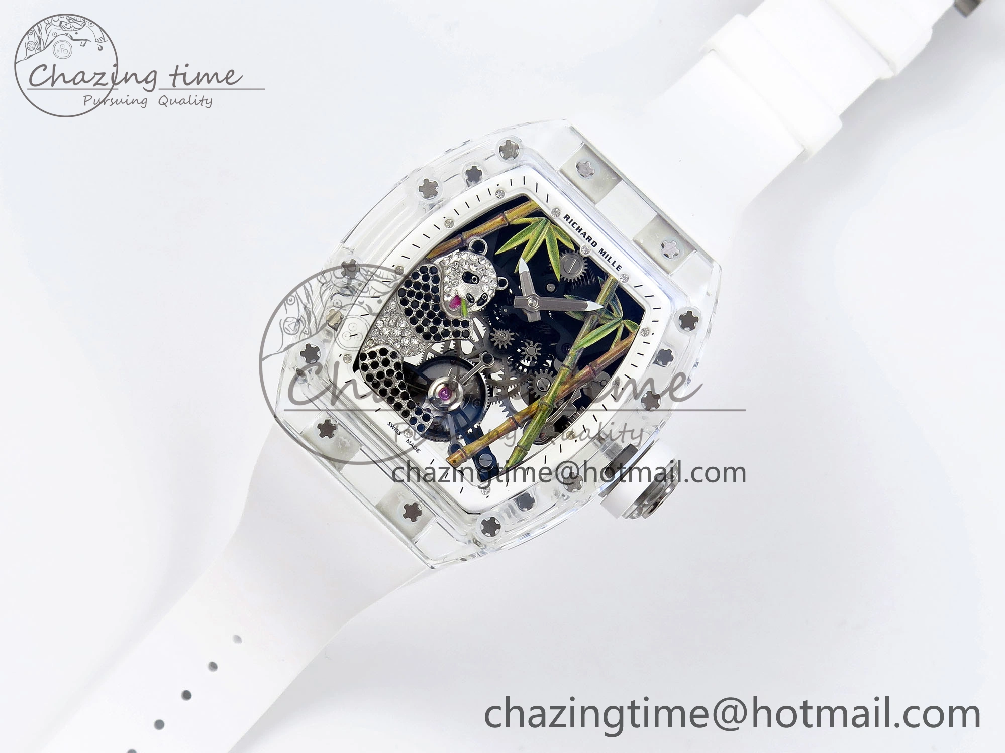 MoistureWicking RM026 Transparent Tourbillon RM Best Edition Panda Skeleton Dial on Rubber Strap 9334
