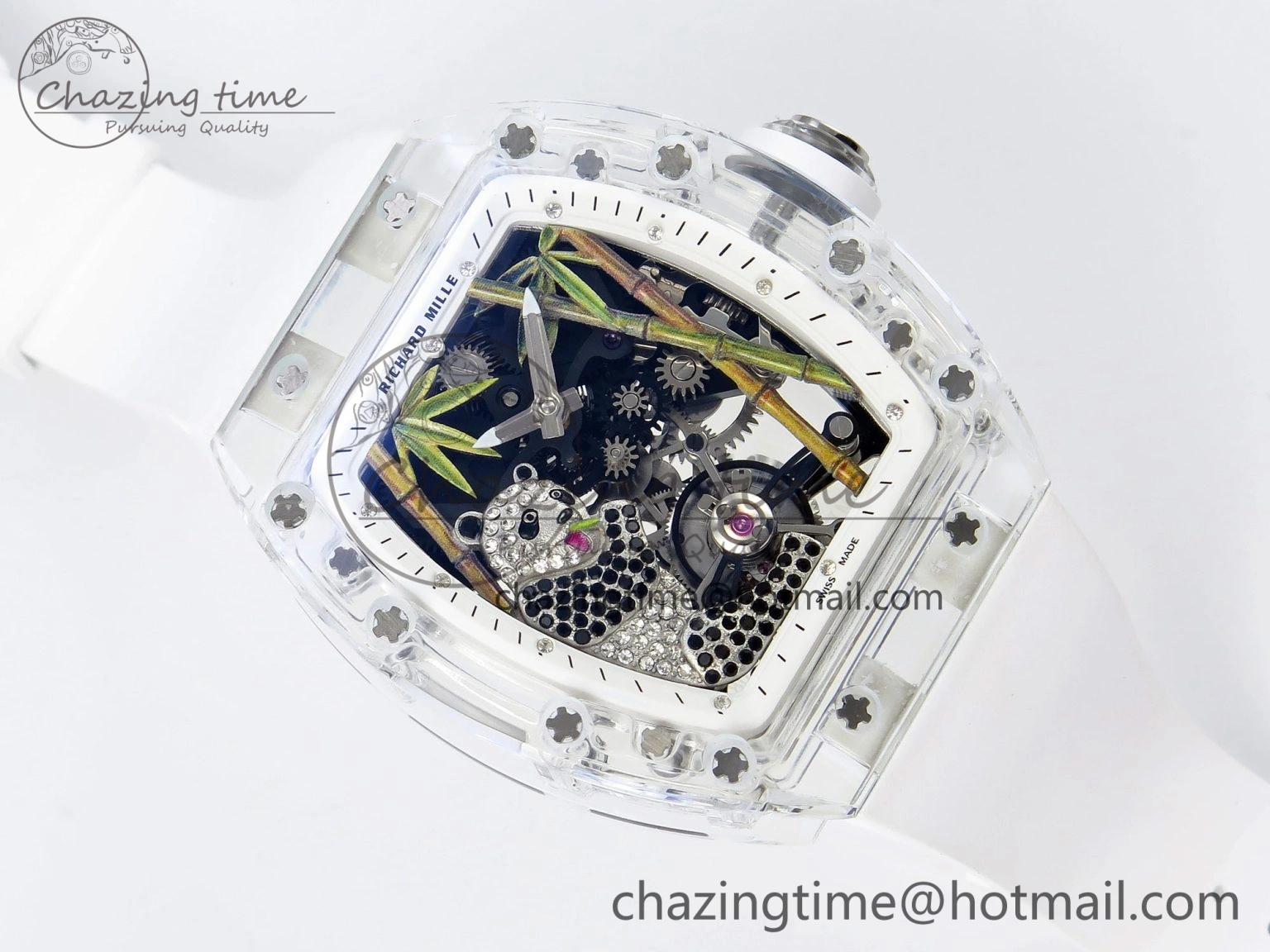 MoistureWicking RM026 Transparent Tourbillon RM Best Edition Panda Skeleton Dial on Rubber Strap 9334