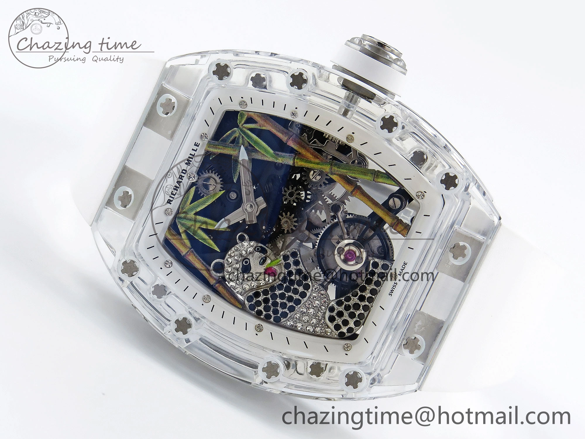 MoistureWicking RM026 Transparent Tourbillon RM Best Edition Panda Skeleton Dial on Rubber Strap 9334
