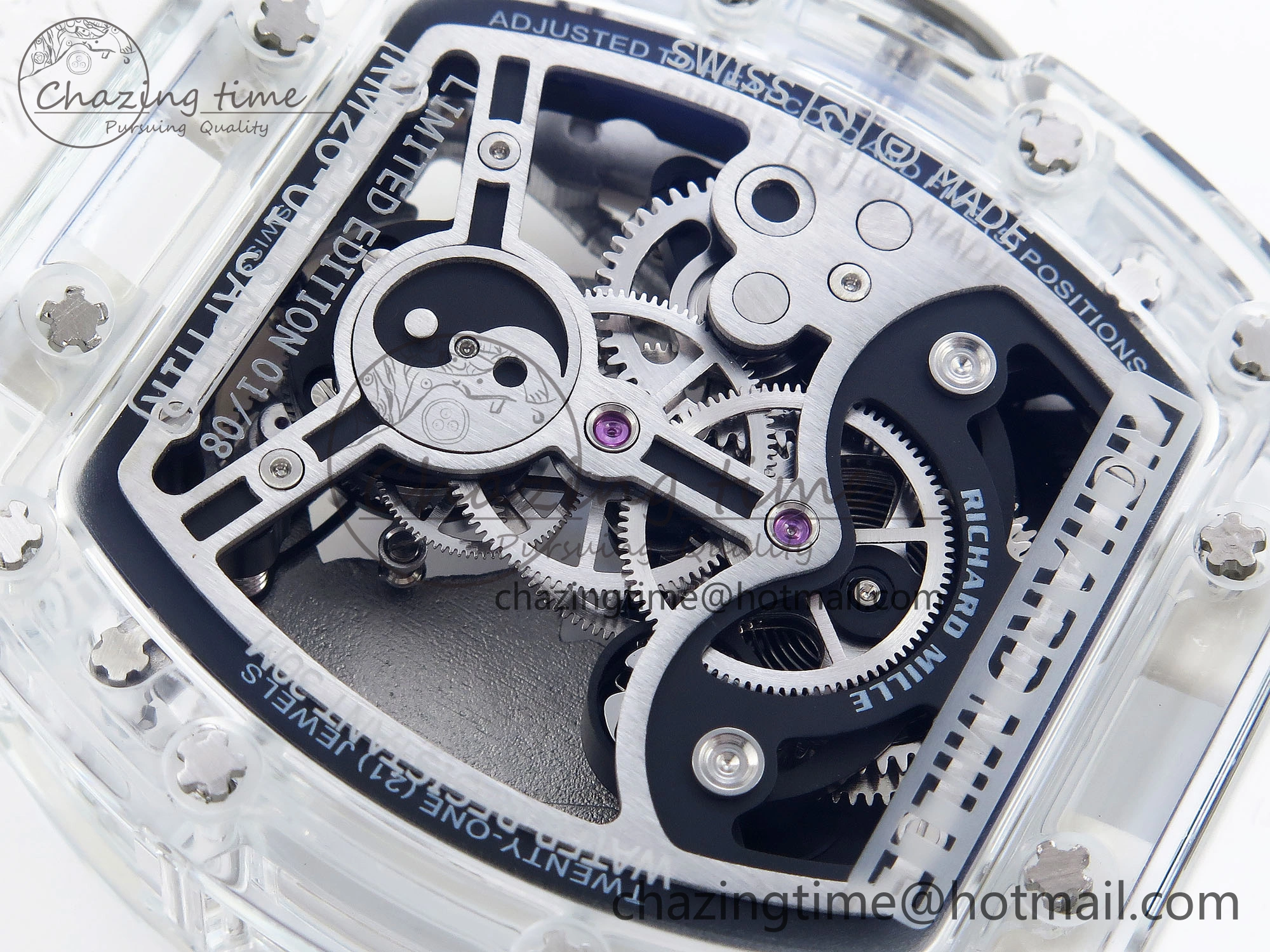 MoistureWicking RM026 Transparent Tourbillon RM Best Edition Panda Skeleton Dial on Rubber Strap 9334