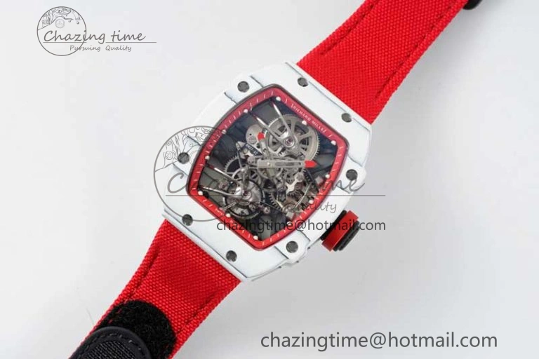 RM027-02 Nadal Real Tourbillon RMF Best Edition White Forge Carbon Red Inner Bezel on Red Nylon Strap GoodFit 9383