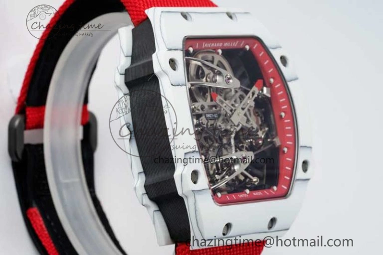RM027-02 Nadal Real Tourbillon RMF Best Edition White Forge Carbon Red Inner Bezel on Red Nylon Strap GoodFit 9383