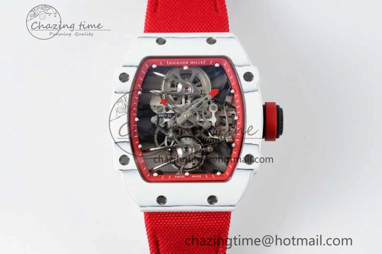 RM027-02 Nadal Real Tourbillon RMF Best Edition White Forge Carbon Red Inner Bezel on Red Nylon Strap GoodFit 9383