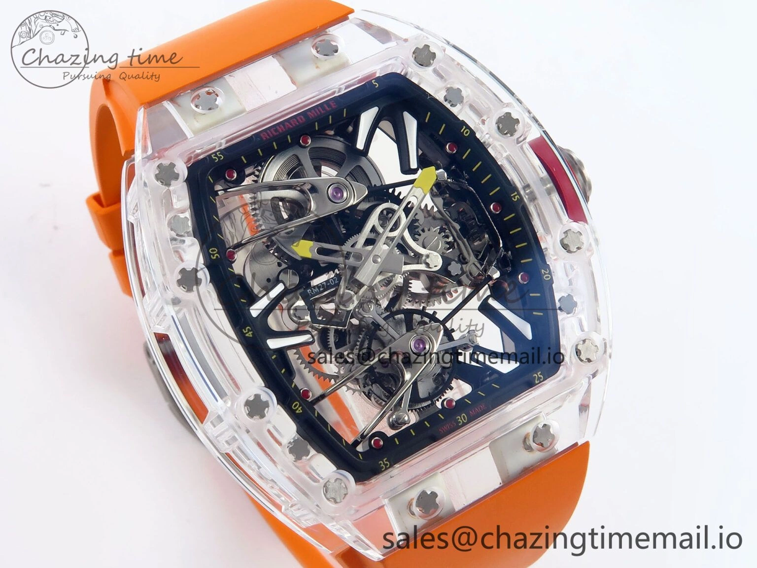 RM027-02 Transparent Tourbillon RMF Best Edition Skeleton Dial on Orange Rubber Strap MultiPurpose 9215