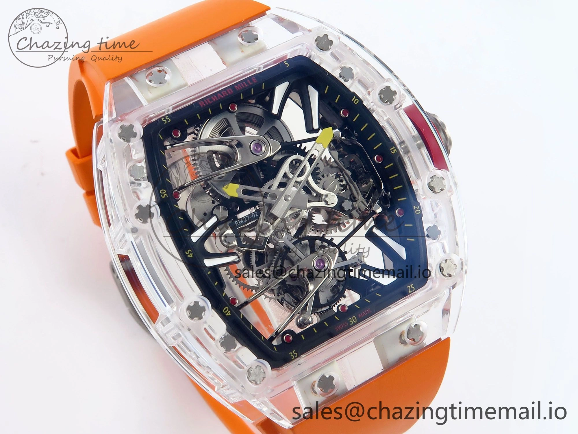 RM027-02 Transparent Tourbillon RMF Best Edition Skeleton Dial on Orange Rubber Strap MultiPurpose 9215