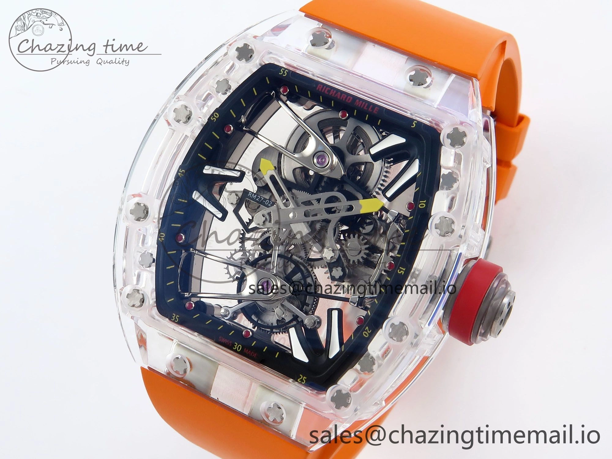 RM027-02 Transparent Tourbillon RMF Best Edition Skeleton Dial on Orange Rubber Strap MultiPurpose 9215