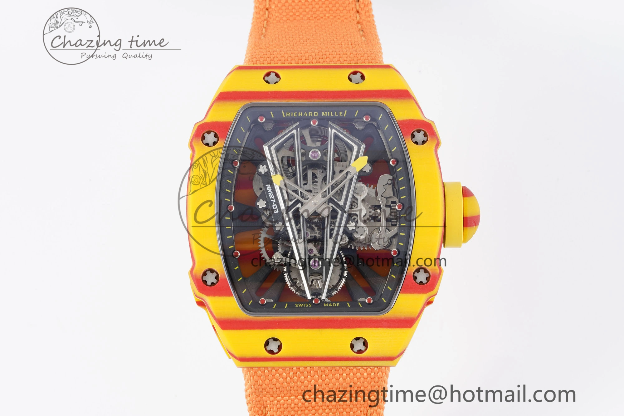 Snug RM027-03 Real Tourbillon RMF Best Edition Orange Red Carbon Skeleton Dial on Orange Nylon Strap 9366