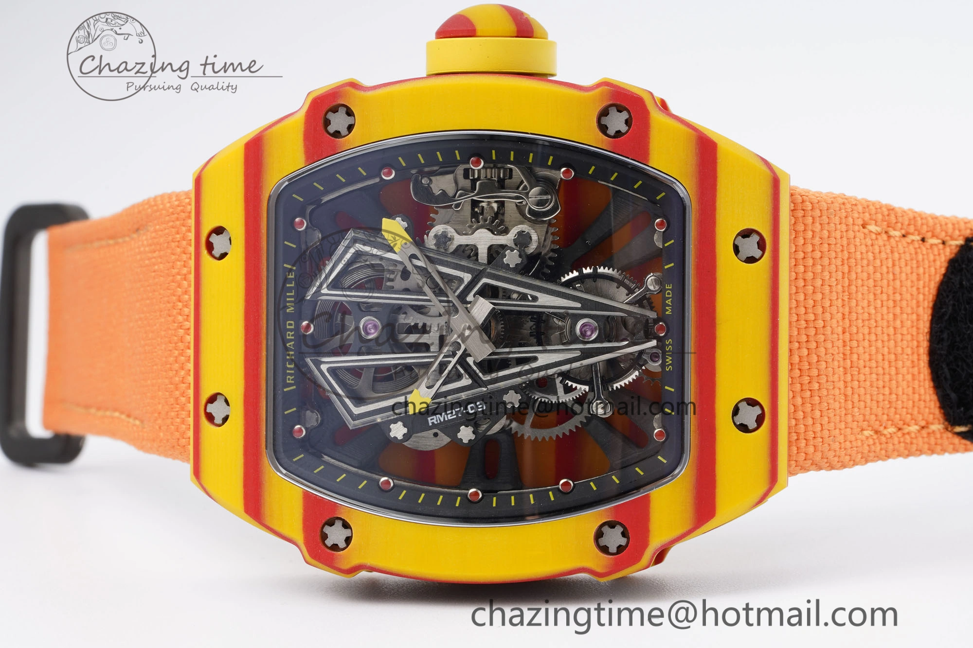 Snug RM027-03 Real Tourbillon RMF Best Edition Orange Red Carbon Skeleton Dial on Orange Nylon Strap 9366