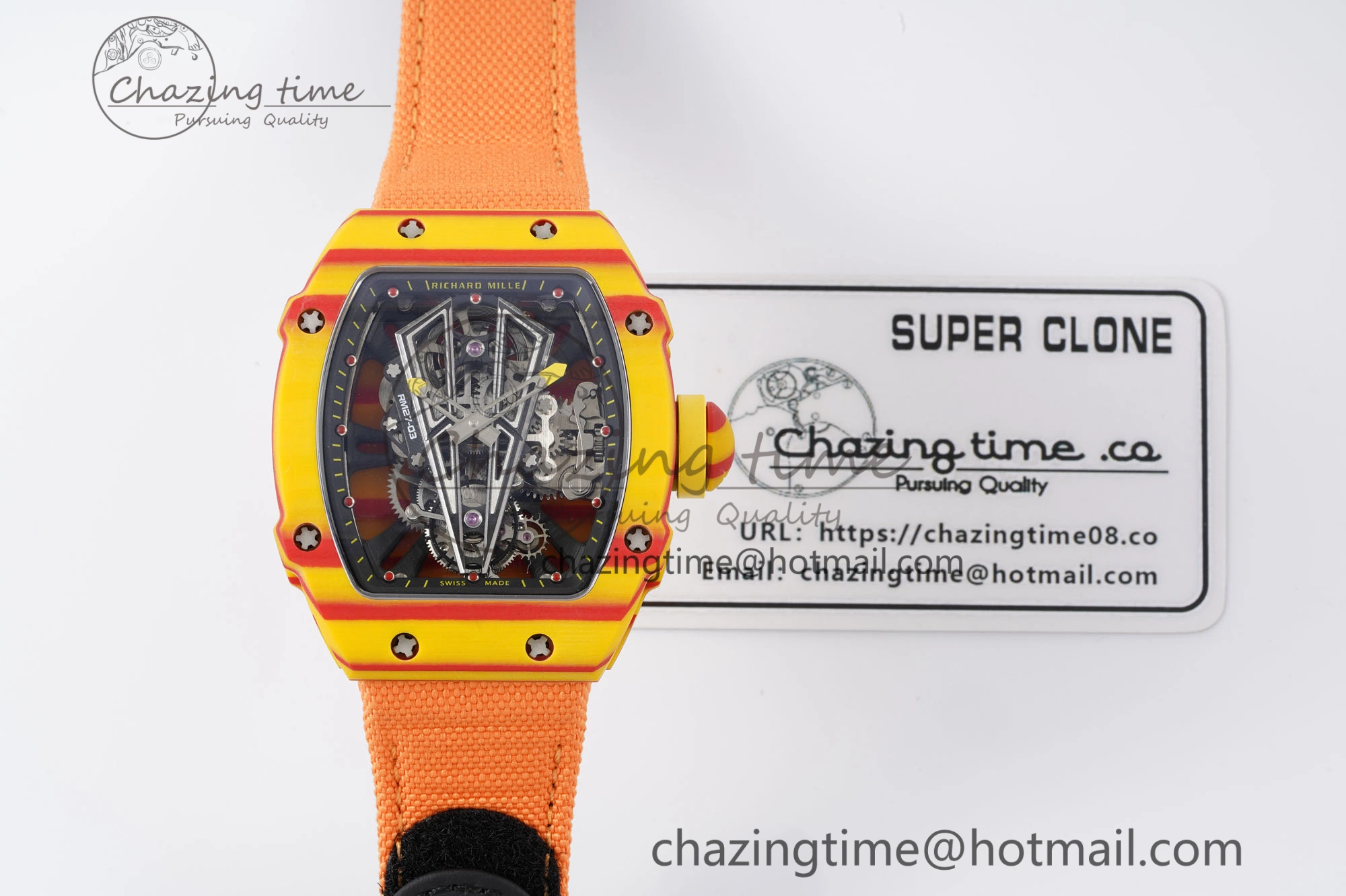 Snug RM027-03 Real Tourbillon RMF Best Edition Orange Red Carbon Skeleton Dial on Orange Nylon Strap 9366