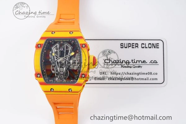 SoftTouch RM027-03 Real Tourbillon RMF Best Edition Orange Red Carbon Skeleton Dial on Orange Rubber Strap 9360