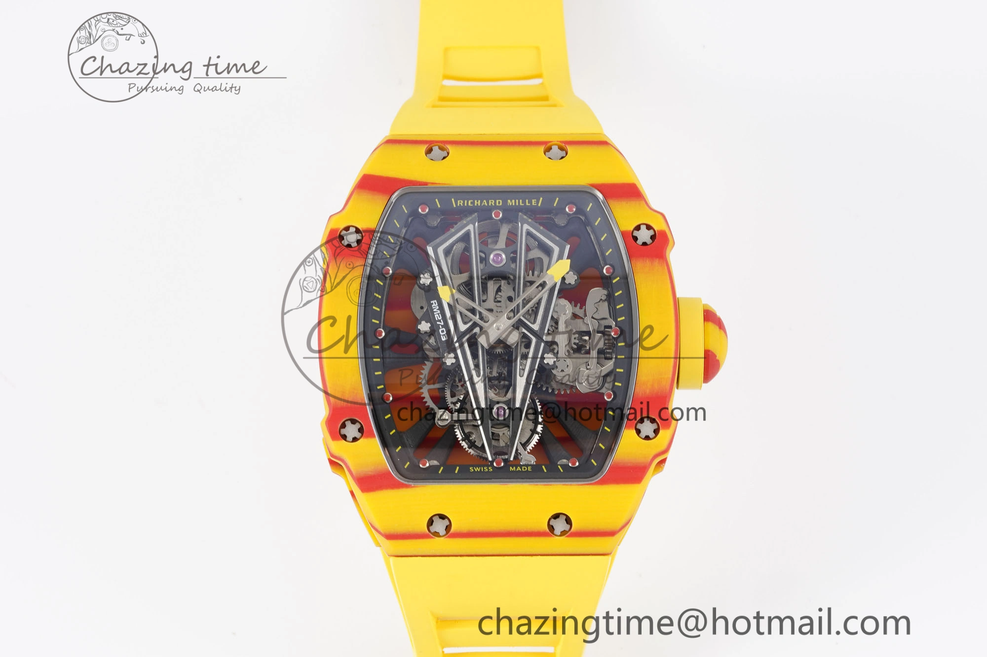 BestValue RM027-03 Real Tourbillon RMF Best Edition Orange Red Carbon Skeleton Dial on Yellow Rubber Strap 9361