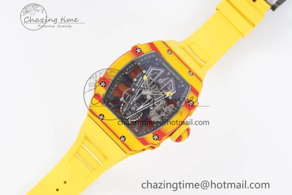 BestValue RM027-03 Real Tourbillon RMF Best Edition Orange Red Carbon Skeleton Dial on Yellow Rubber Strap 9361