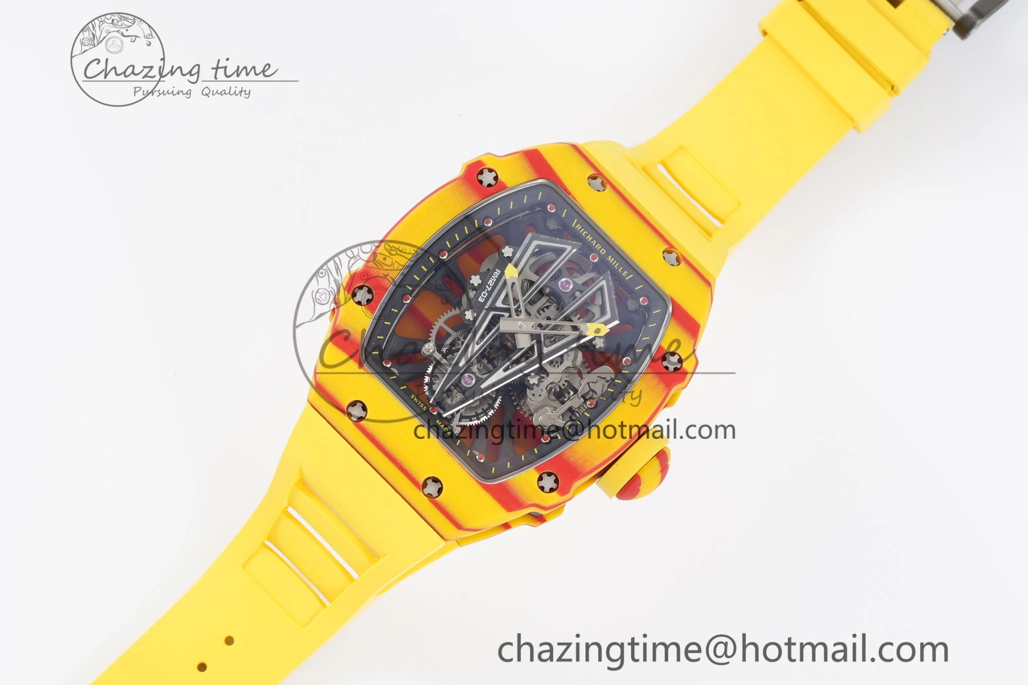 BestValue RM027-03 Real Tourbillon RMF Best Edition Orange Red Carbon Skeleton Dial on Yellow Rubber Strap 9361