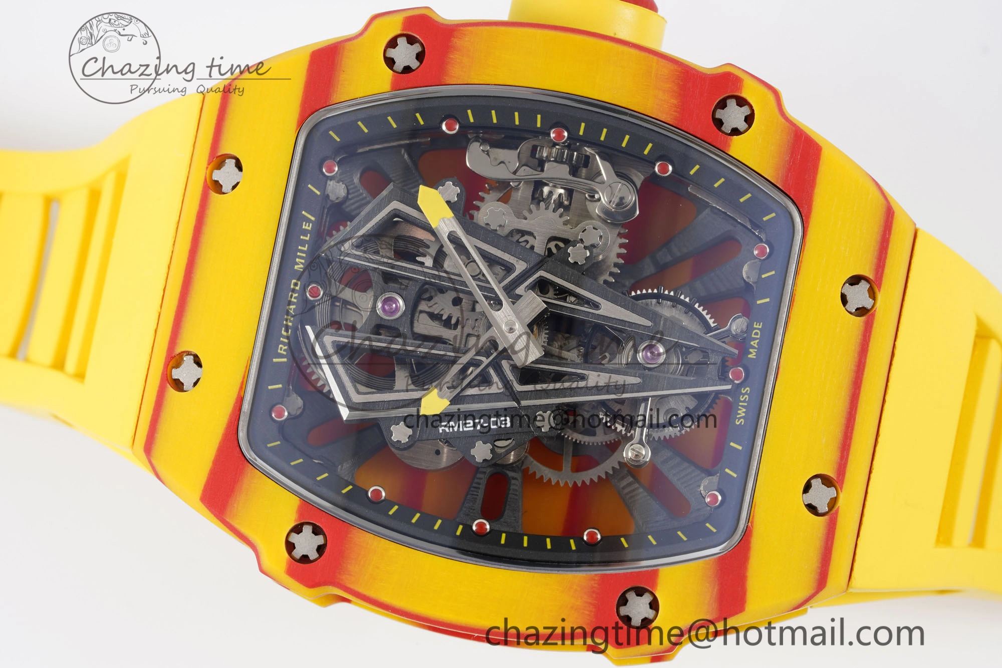 BestValue RM027-03 Real Tourbillon RMF Best Edition Orange Red Carbon Skeleton Dial on Yellow Rubber Strap 9361
