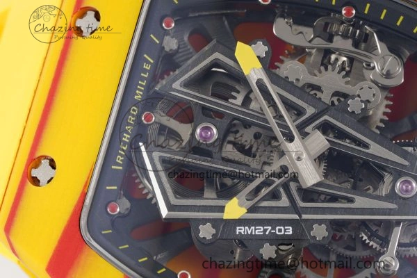 BestValue RM027-03 Real Tourbillon RMF Best Edition Orange Red Carbon Skeleton Dial on Yellow Rubber Strap 9361