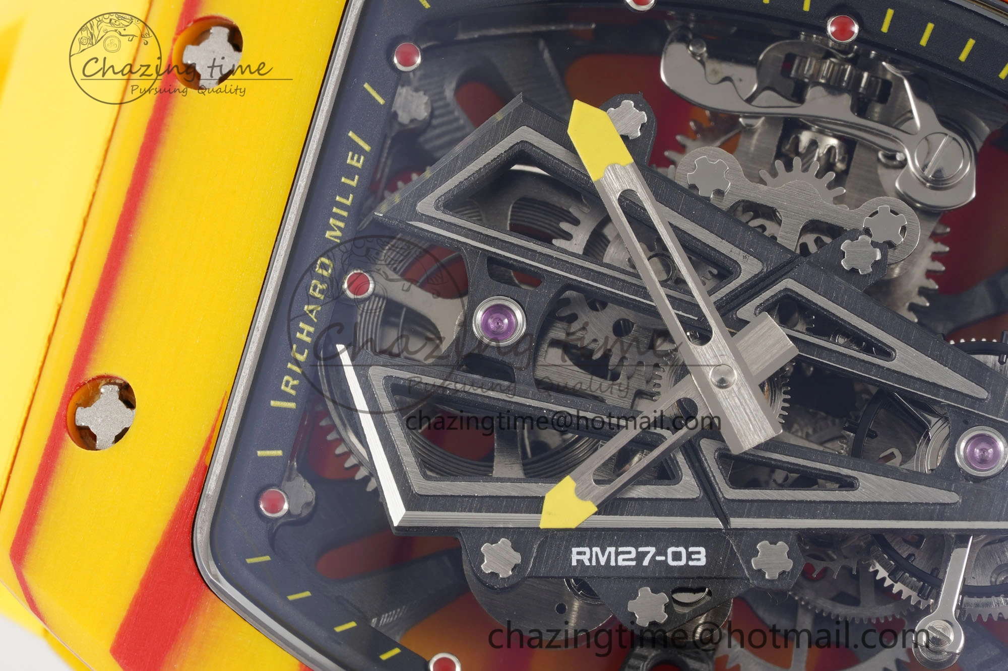 BestValue RM027-03 Real Tourbillon RMF Best Edition Orange Red Carbon Skeleton Dial on Yellow Rubber Strap 9361