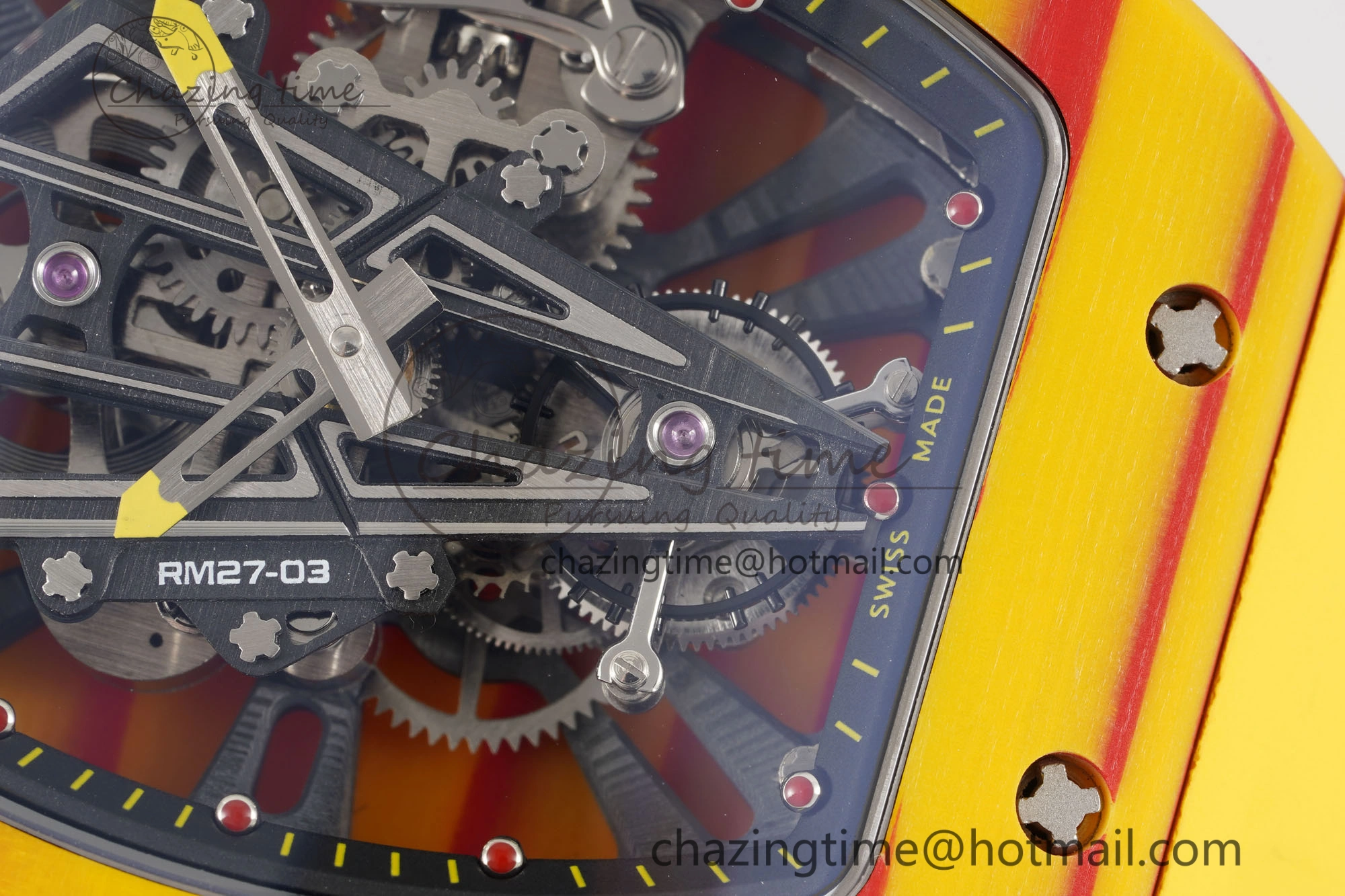 BestValue RM027-03 Real Tourbillon RMF Best Edition Orange Red Carbon Skeleton Dial on Yellow Rubber Strap 9361