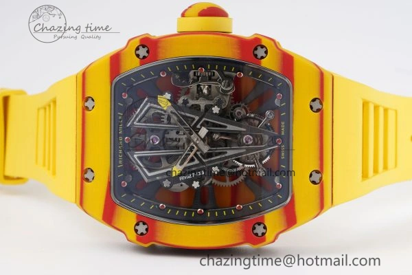 BestValue RM027-03 Real Tourbillon RMF Best Edition Orange Red Carbon Skeleton Dial on Yellow Rubber Strap 9361