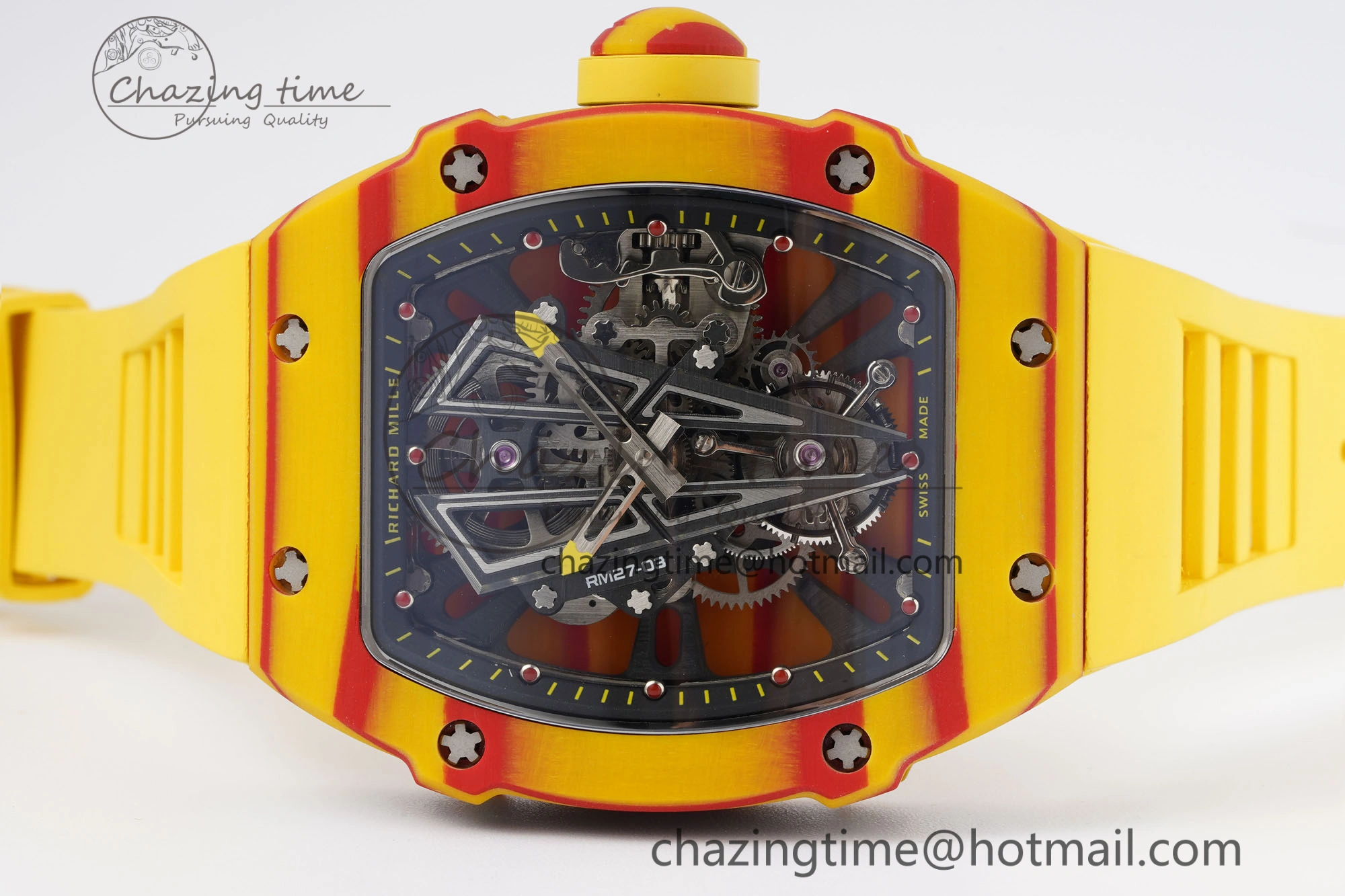 BestValue RM027-03 Real Tourbillon RMF Best Edition Orange Red Carbon Skeleton Dial on Yellow Rubber Strap 9361