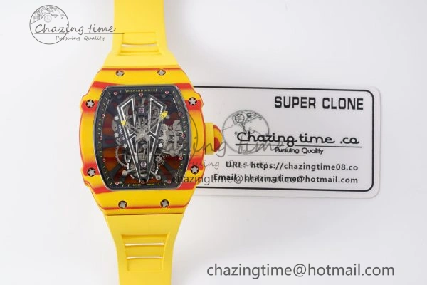 BestValue RM027-03 Real Tourbillon RMF Best Edition Orange Red Carbon Skeleton Dial on Yellow Rubber Strap 9361
