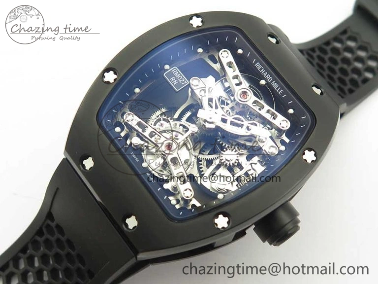 RM027 Titanium DLC Real Tourbillon EURF Best Edition Skeleton Dial on Black Rubber Strap Casual 9458
