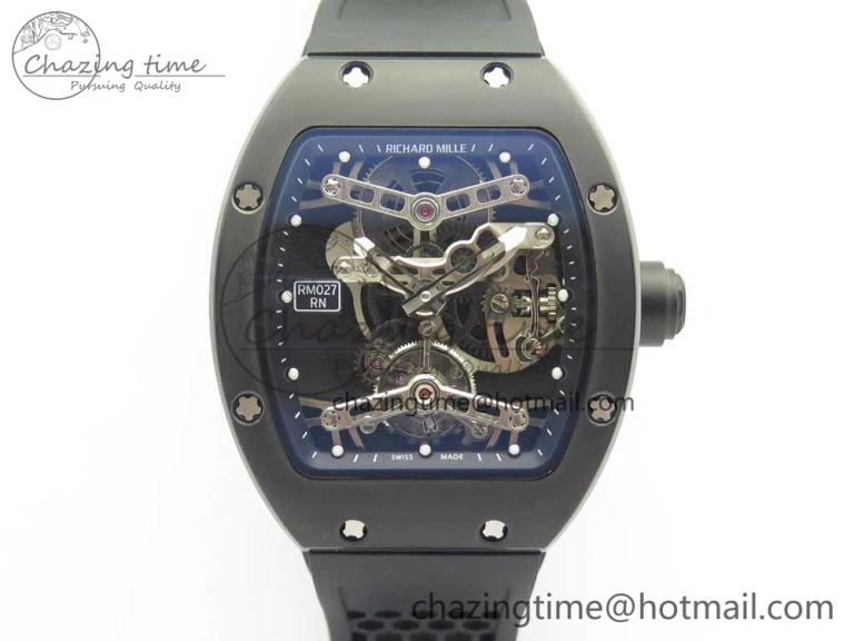 RM027 Titanium DLC Real Tourbillon EURF Best Edition Skeleton Dial on Black Rubber Strap Casual 9458