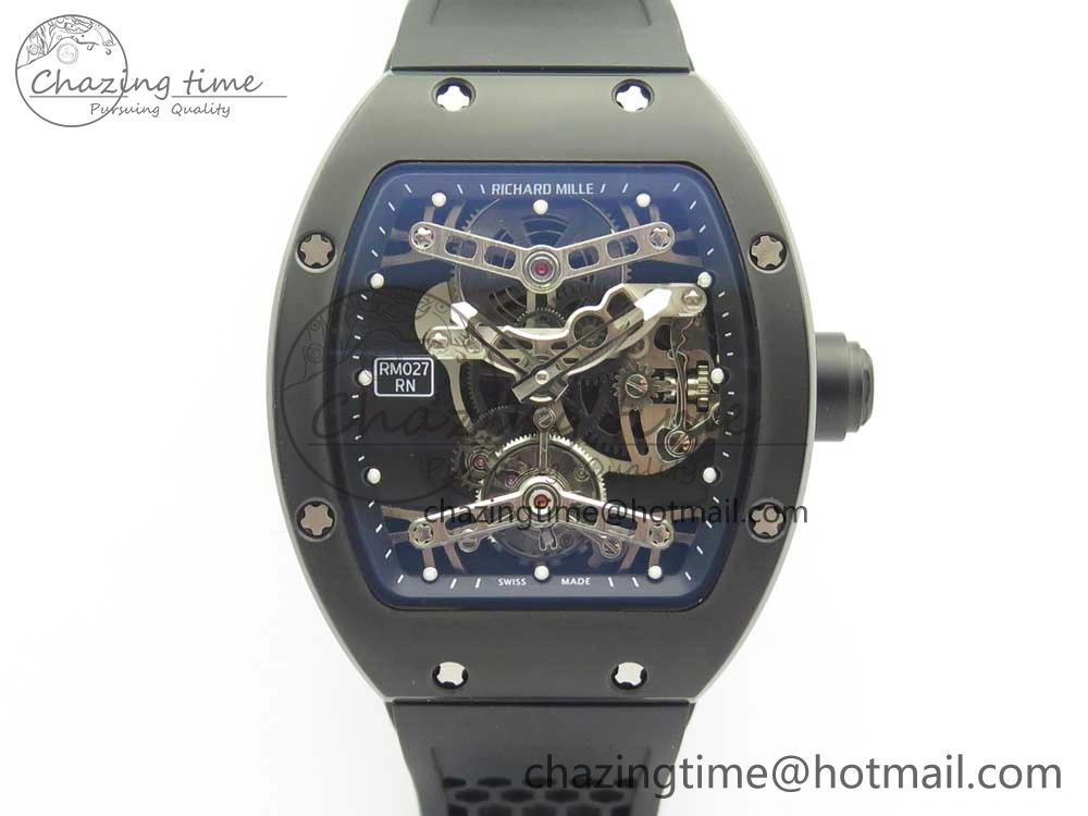 RM027 Titanium DLC Real Tourbillon EURF Best Edition Skeleton Dial on Black Rubber Strap Casual 9458