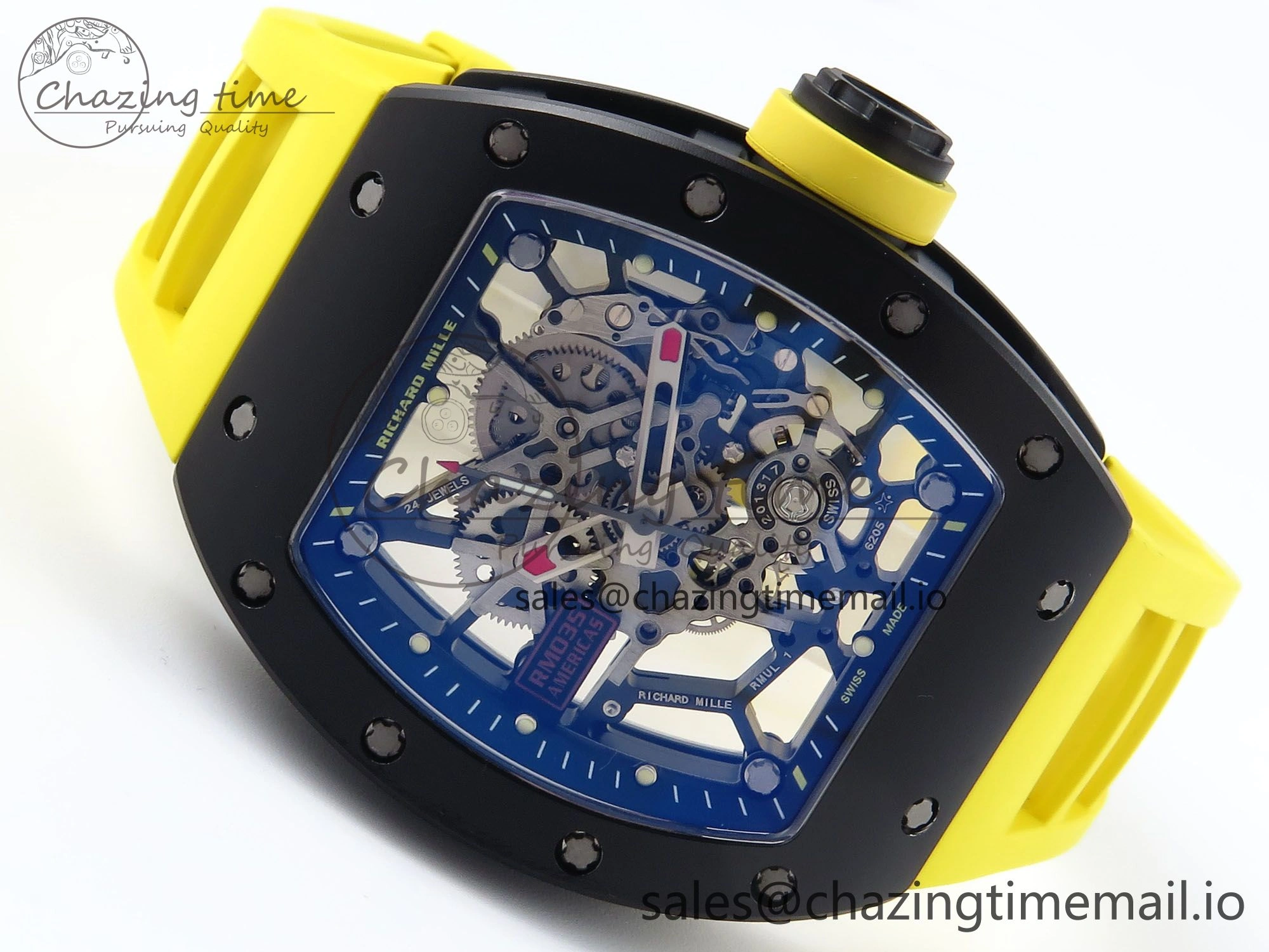 RM035-02 Black Ceramic KVF 1:1 Best Edition Skeleton Dial on Yellow Rubber Strap Clone RMUL Youthful 9182