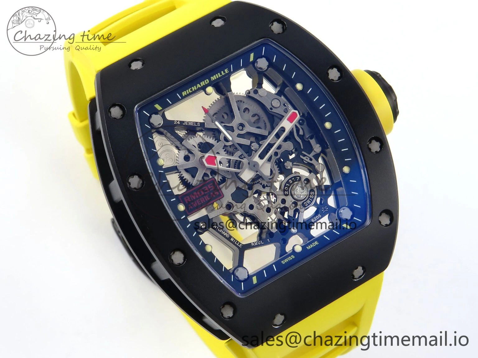 RM035-02 Black Ceramic KVF 1:1 Best Edition Skeleton Dial on Yellow Rubber Strap Clone RMUL Youthful 9182