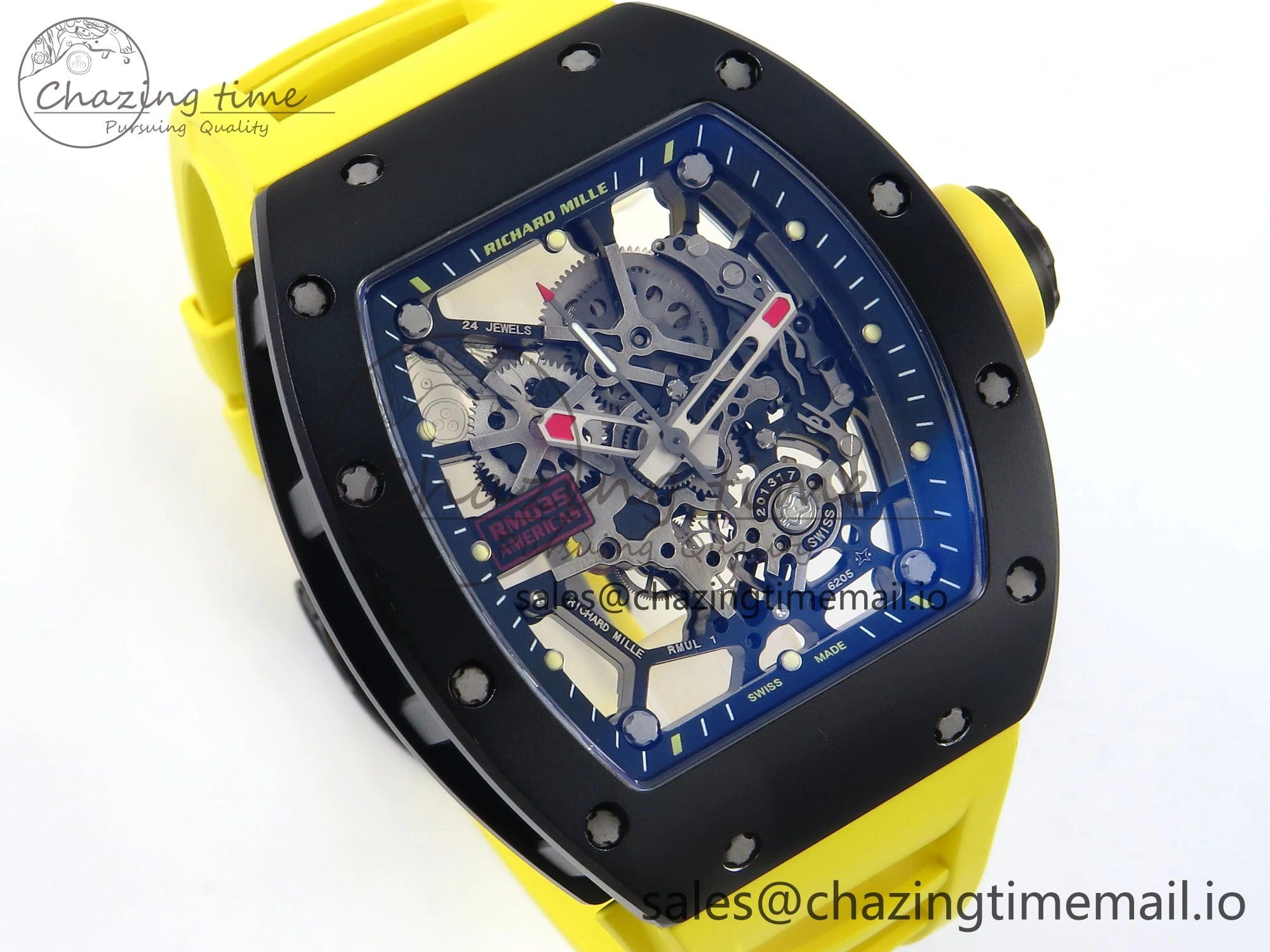 RM035-02 Black Ceramic KVF 1:1 Best Edition Skeleton Dial on Yellow Rubber Strap Clone RMUL Youthful 9182