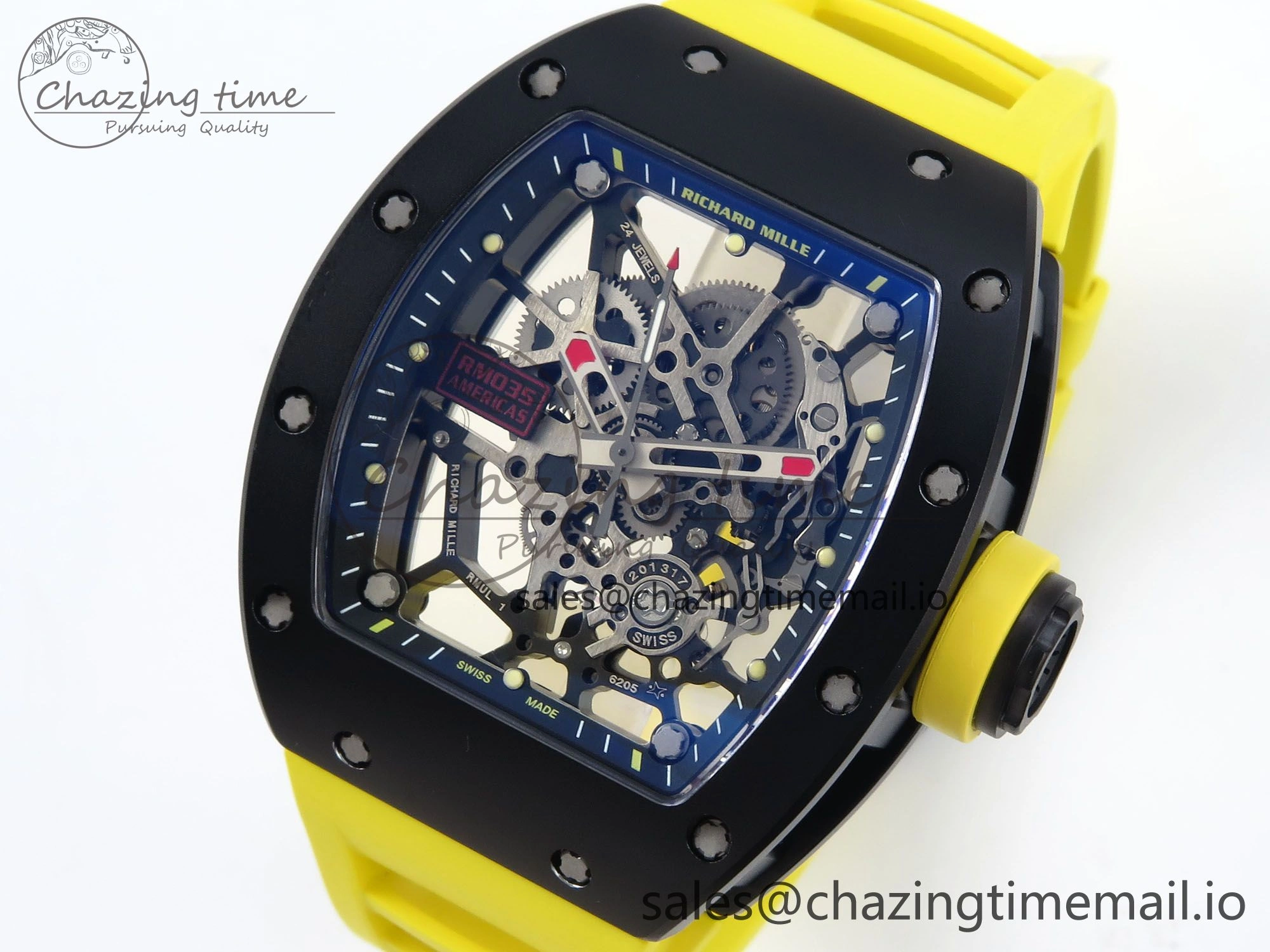 RM035-02 Black Ceramic KVF 1:1 Best Edition Skeleton Dial on Yellow Rubber Strap Clone RMUL Youthful 9182