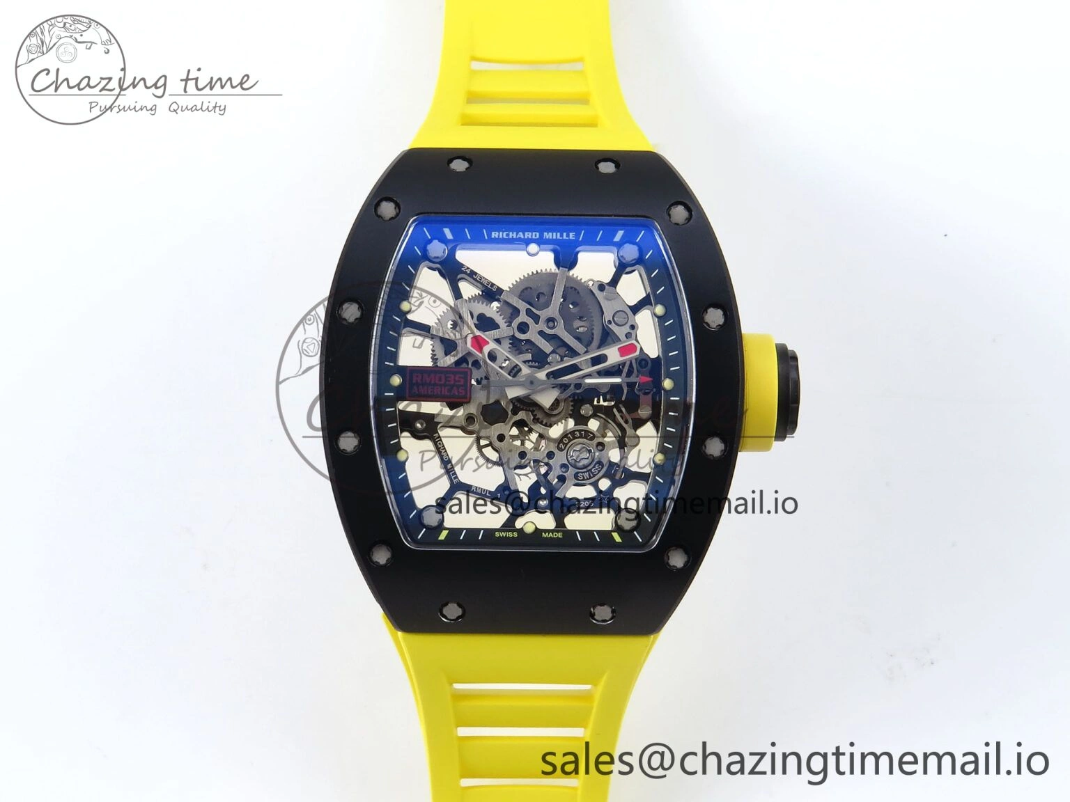 RM035-02 Black Ceramic KVF 1:1 Best Edition Skeleton Dial on Yellow Rubber Strap Clone RMUL Youthful 9182