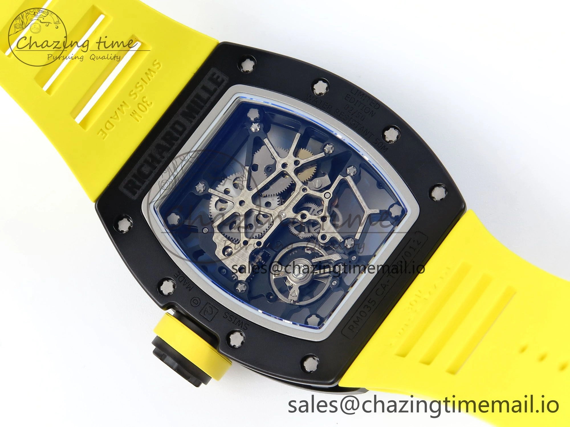 RM035-02 Black Ceramic KVF 1:1 Best Edition Skeleton Dial on Yellow Rubber Strap Clone RMUL Youthful 9182