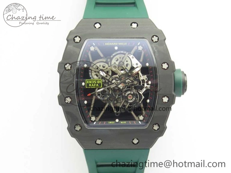 HighQuality RM035-02 Forge Carbon Caseback Titanium Case KVF Best Edition Skeleton Dial Green on Green Rubber Strap MIYOTA 9462