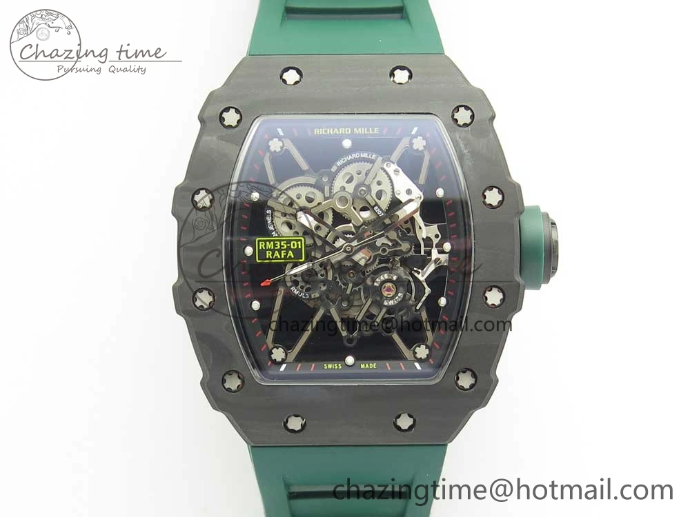 HighQuality RM035-02 Forge Carbon Caseback Titanium Case KVF Best Edition Skeleton Dial Green on Green Rubber Strap MIYOTA 9462